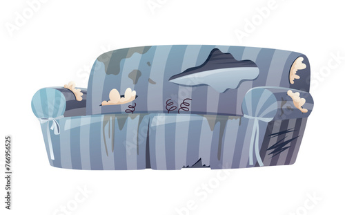 Broken, torn and dirty home blue striped sofa. Damaged furniture for the interior of the living room. Vector isolated cartoon illustration.