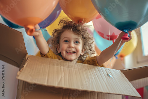 Travel dreams! Child pretending to fly in a cardboard box with air balloons photo