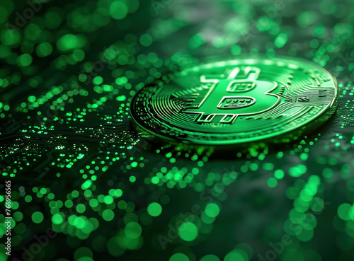 Cryptocurrency Concept Bitcoin on Green Background with Beautiful Bokeh Effect