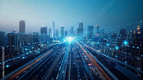 Technology: A futuristic cityscape with advanced architecture and transportation systems