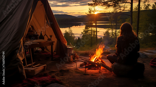 Beautiful Swede woman, setting up a cozy campsite to watch the sunset in the forest