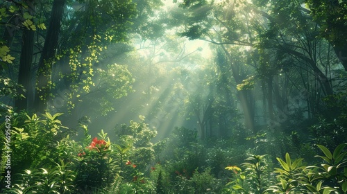 The environment  A tranquil forest scene with sunlight filtering through the canopy
