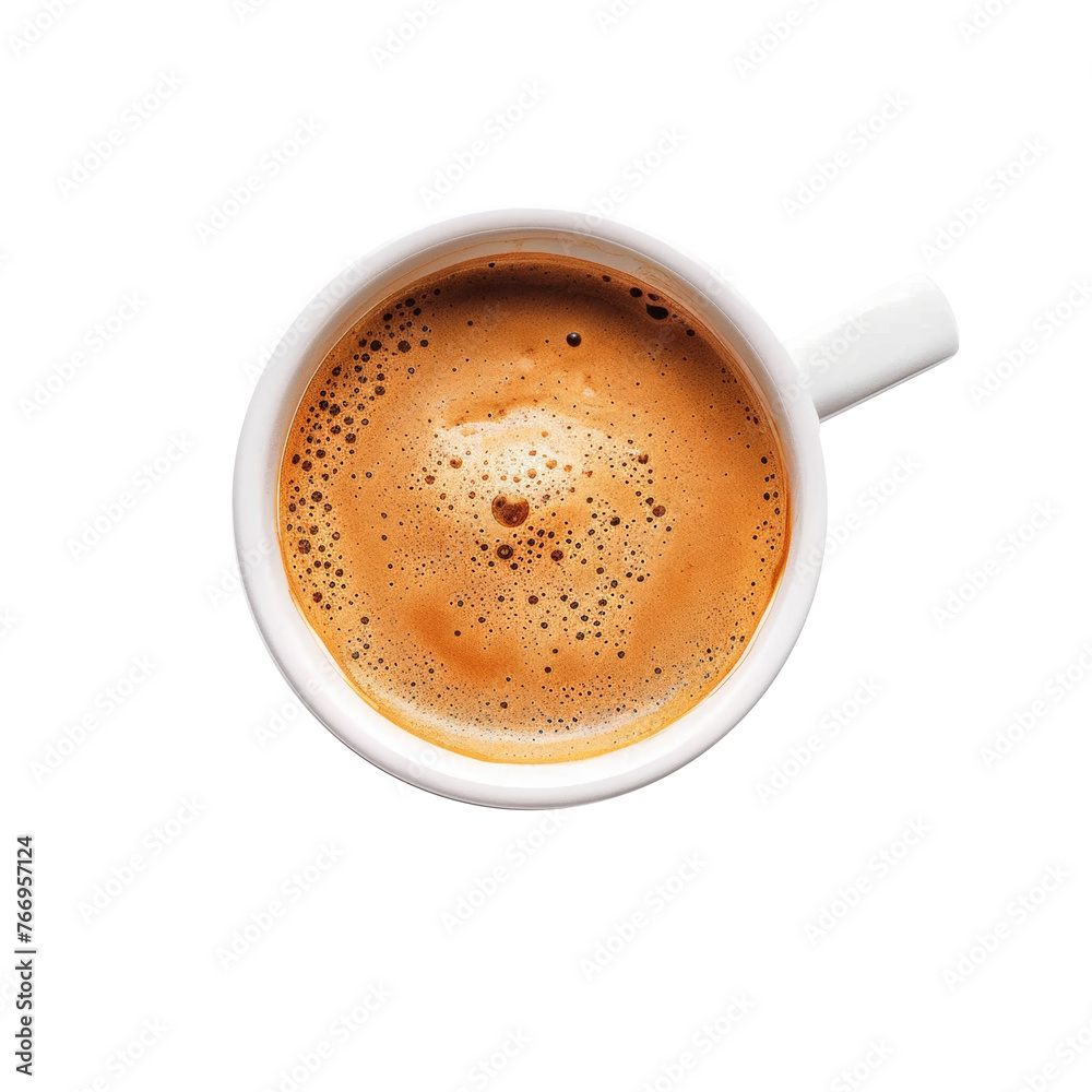 Fresh Espresso Coffee in White Cup Isolated on Transparent Background - Top View