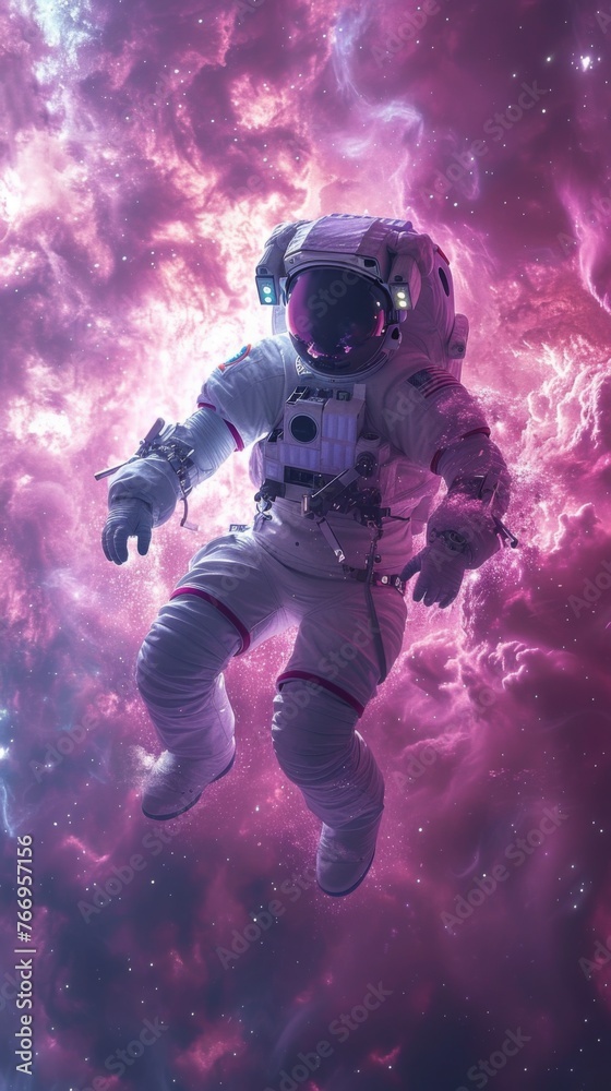 An astronaut is seen floating in the vast emptiness of outer space, weightless and surrounded by stars