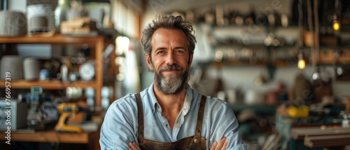 Standing in spacious workshop and looking at camera is a waist-up portrait of a smiling bearded craftsman with an electric drill in his hands photo