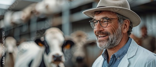 In the cowshed, a mature dairy farmer touches a cow with his touchpad while consulting with a veterinarian