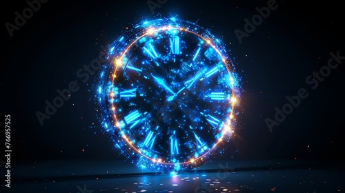 This digital futuristic clock light effect is in a digital style. It has a glowing clock silhouette as a symbol of time. It is a modern illustration of a laser blue neon clock as a background.