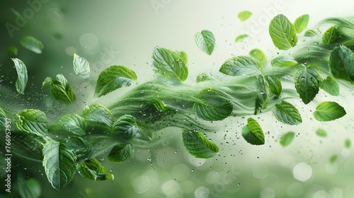 Wind swirls for cleaners, fresheners, spring and summer concepts with mint leaves. Green vortex flow imparts menthol aroma, organic, herbal aroma.