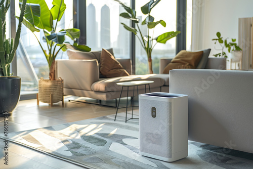 Air purifying device in a living area, eliminating fine particulate matter indoors for health protection photo
