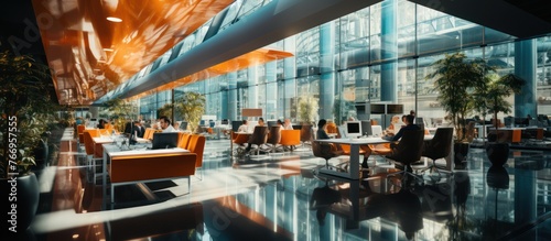 Glass office and working space with blurred people walking fast movement