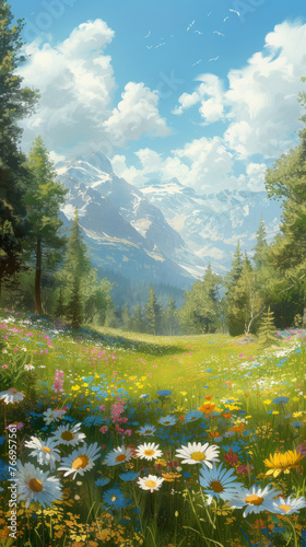 Blossoming Meadow with Snow-Capped Mountains Panorama