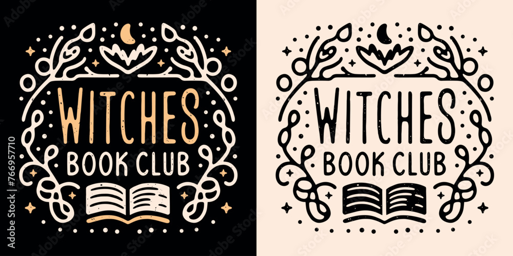 Witches book club squad crew lettering round badge. Dark academia witchy floral celestial magic esoteric books aesthetic art. Vector printable text logo for reading study group shirt design cut file. - obrazy, fototapety, plakaty 