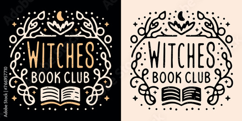 Witches book club squad crew lettering round badge. Dark academia witchy floral celestial magic esoteric books aesthetic art. Vector printable text logo for reading study group shirt design cut file.