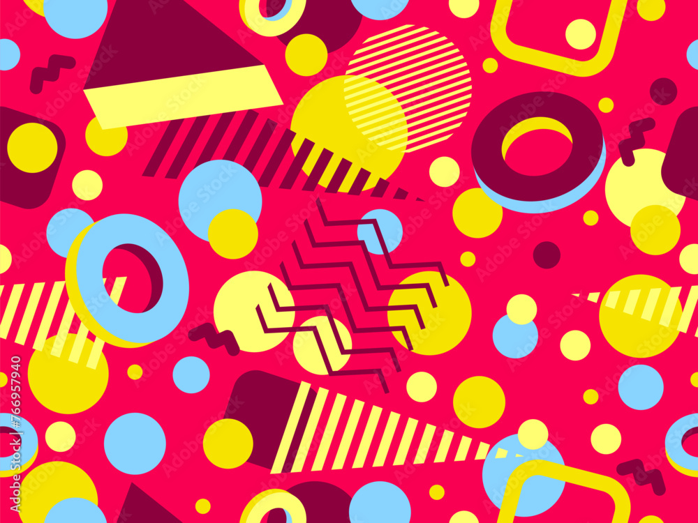 Fototapeta premium Geometric seamless pattern with 3D shapes in the style of the 80s and 90s. Isometric 3D shapes in Memphis style. Design of promotional products, wrapping paper and printing. Vector illustration