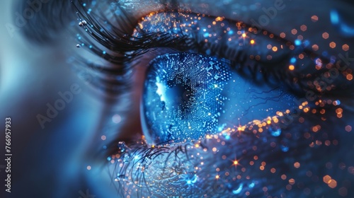 Modern illustration of futuristic wireframe eyes. A drop of water symbolizes moisturizing liquid for the eyes. photo
