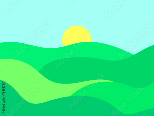 Wavy landscape with green hills and the sun on the horizon. Dawn with green meadows in a minimalist style. Design for posters, prints and banners. Vector illustration