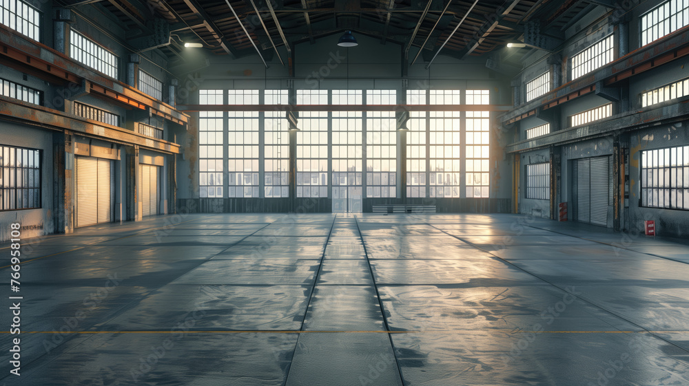 3d rendering of an empty warehouse with a lot of windows. 3d rendering of large hangar building and concrete floor and open shutter door in perspective view for background Generative AI