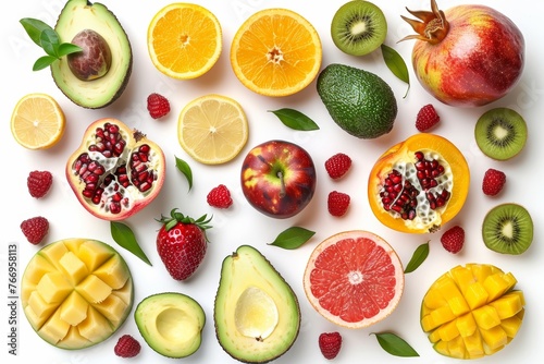 A white background is adorned with a mixture of different fruits and berries, flat lay, top view, apple, strawberry, pomegranate, mango, avocado, orange, lemon, kiwi, peach isolated on white.