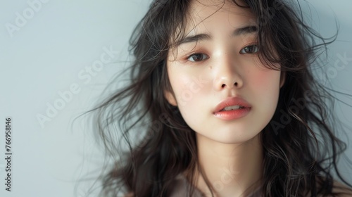 The beauty concept of an Asian young woman. Hair care. Cosmetics.