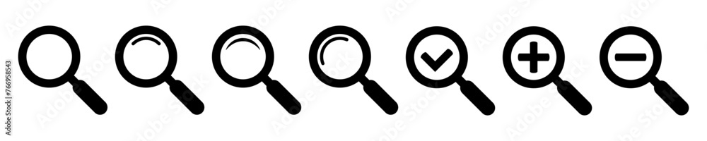 Magnifying glass simple icon collection. Search icon set, zoom in and zoom out icons. Magnifier or loupe with check mark sign. Vector illustration. Magnifying glass simple icon collection. Search icon set, zoom in and zoom out icons. Magnifier or loupe with check mark sign. Vector illustration.
