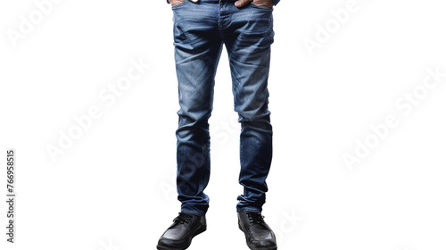 A sophisticated pair of men's denim trousers, exuding urban charm and versatile style, their clean lines and durable fabric accentuated against a transparent white background
