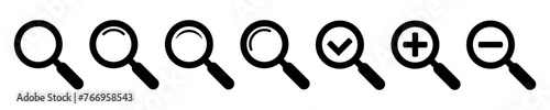 Magnifying glass simple icon collection. Search icon set, zoom in and zoom out icons. Magnifier or loupe with check mark sign. Vector illustration.