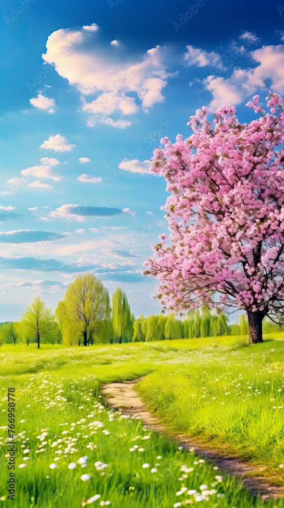 Naklejka premium Beautiful spring landscape. Blooming trees on the meadow with flowers and green grass. Natural Landscape 