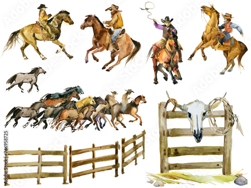 Set of isolat western cowboy, Wild Horses. American rodeo season. Mustang Watercolor illustration