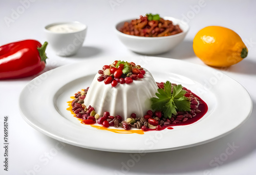 a plate of mexican food, chile en nogada surrounded by ingredients on white background