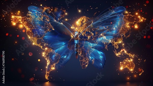 World crisis concept with a futuristic polygonal butterfly on a background of the world map. Modern illustration of a glowing insect.