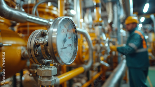 Gas industry plant. Valves, barometer and pipeline in focus and workers blurred in background. Generative AI