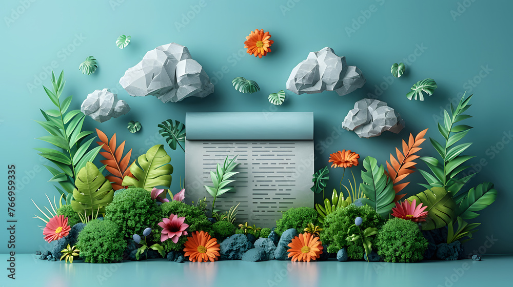 A creatively designed three-dimensional paper art installation, featuring tropical plants, vibrant flowers, and geometric floating rocks on a teal background