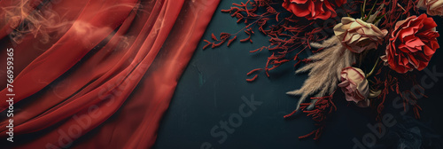 Elegant Floral Arrangement with Red Silk and Smoke on Dark Background