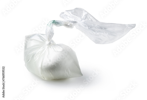 Buffalo mozzarella from Campania in transparent plastic bag isolated on white background, close-up.