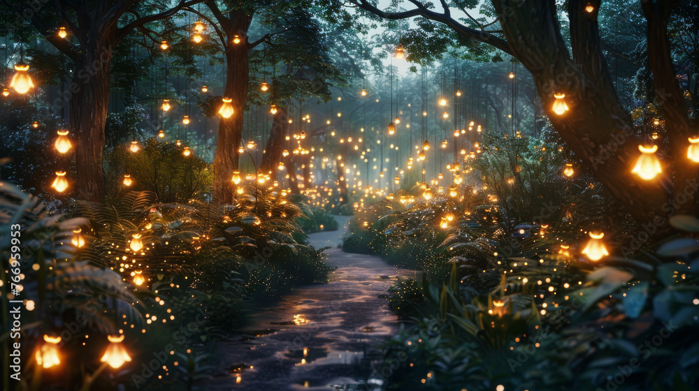 Enchanted Forest Path Illuminated by Glowing Fireflies at Twilight