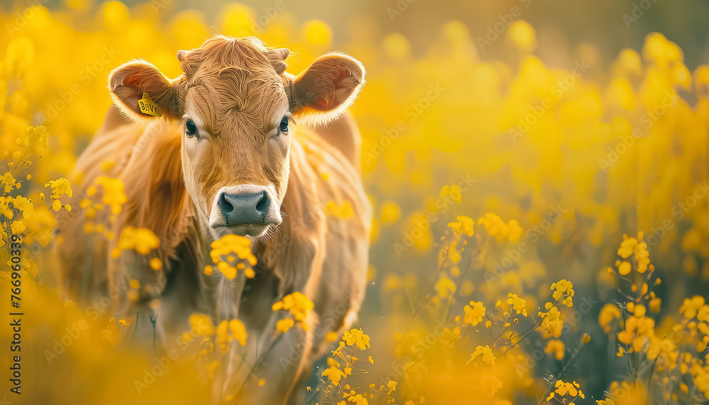 A cow is standing in a field of yellow flowers