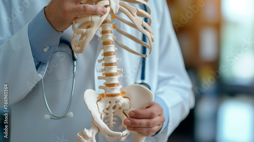 a doctor holding in hand a spine model, medical human spine health concept photo