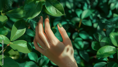 A hand is painted green on a leafy green background