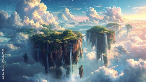Epic landscape of lush floating islands with cascading waterfalls