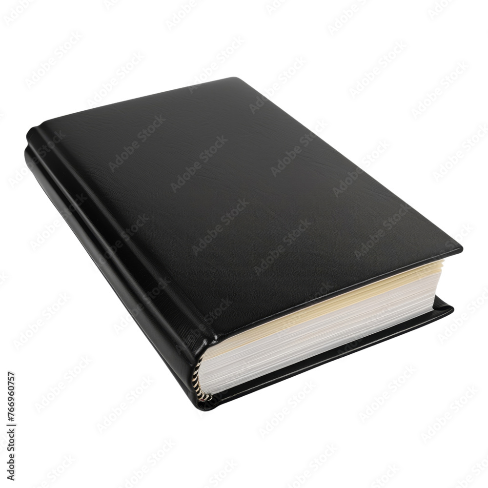 A black leather bound book with a white spine