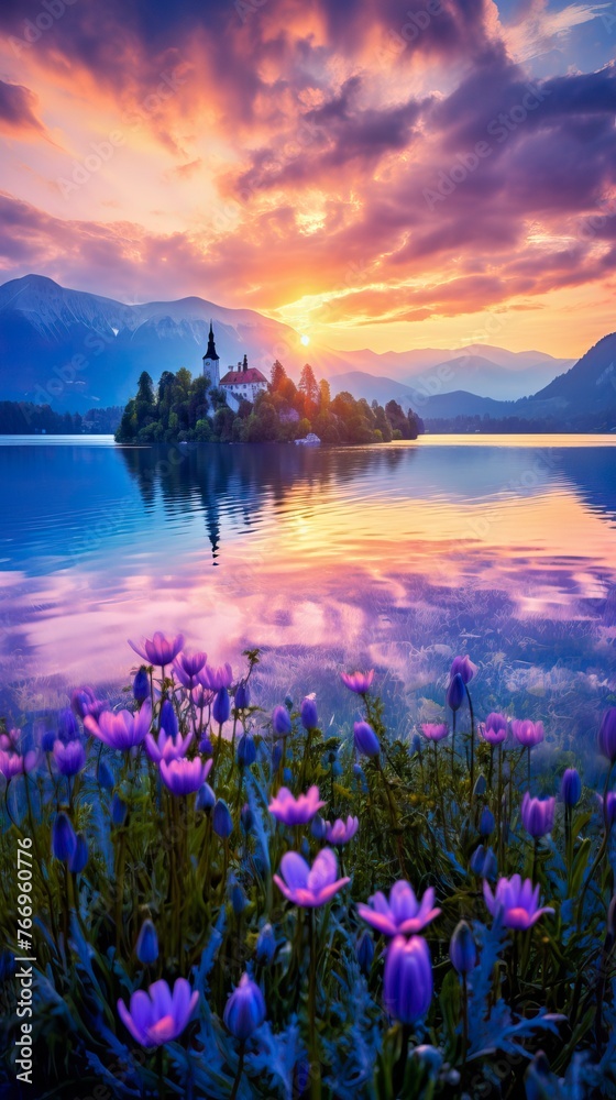 Calm morning view of Fusine lake. Colorful summer sunrise. Natural Landscape