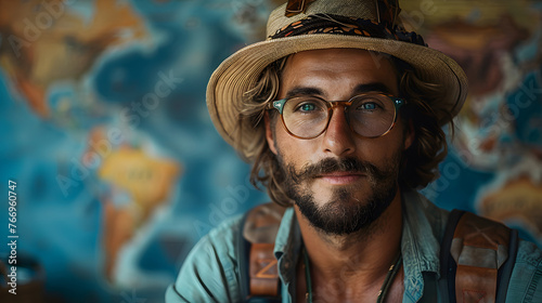 A portrait of an adventurous traveler, clad in explorer gear with a map of the world adorning the wall behind him, ready for the next journey