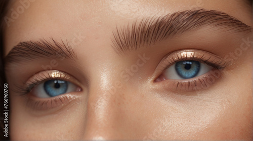 Close up of beautiful woman's blue eyes with eyelash and brow lift.	