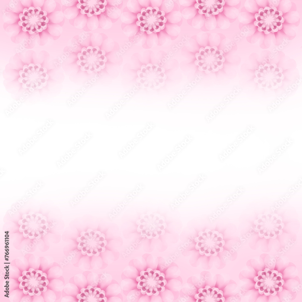 Raster illustration, romantic postcard, banner, space for text, framing with top and bottom borders from a variety of delicate, beautiful, pink flowers, gradually turning into a white background. 