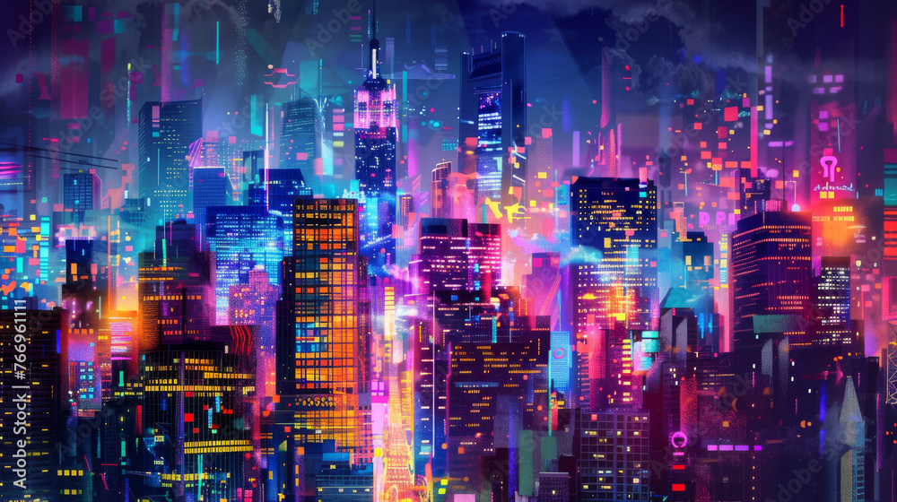 Futuristic Cityscape with Neon Lights and Digital Overlays