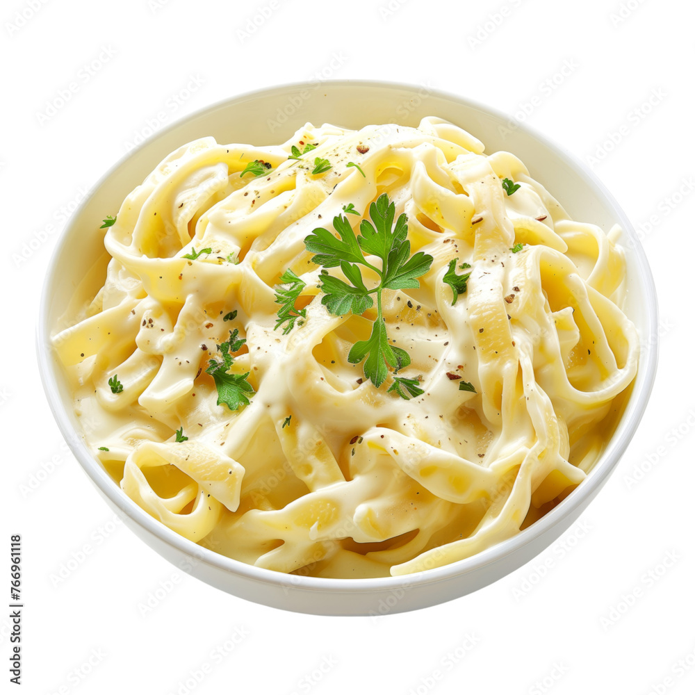 A bowl of pasta with parsley on top