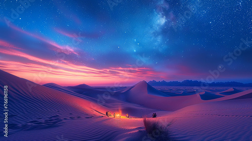 Desert Oasis Day to Night: Time-lapse of Sand Dune Colors Changing, Sky's Transformation, Campfire Gathering