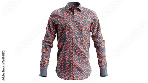 A stylish men's button-up shirt, featuring a modern pattern and slim silhouette, its vibrant colors and intricate design captured flawlessly against a pristine white backdrop