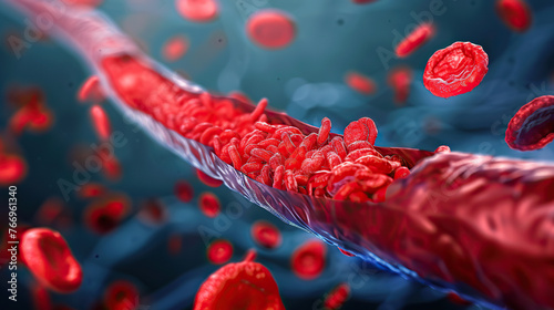 A red blood cell is shown in a close up of a blood vessel. Concept of urgency and importance, as the viewer is able to see the individual cells and their movement within the body photo