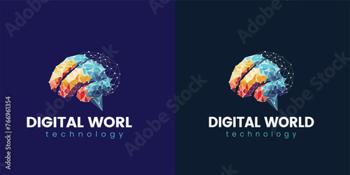 Two different colored logos for digital world technology. The blue logo is a brain with a speech bubble and the red logo is a brain with a speech bubble illustration of an background photo
